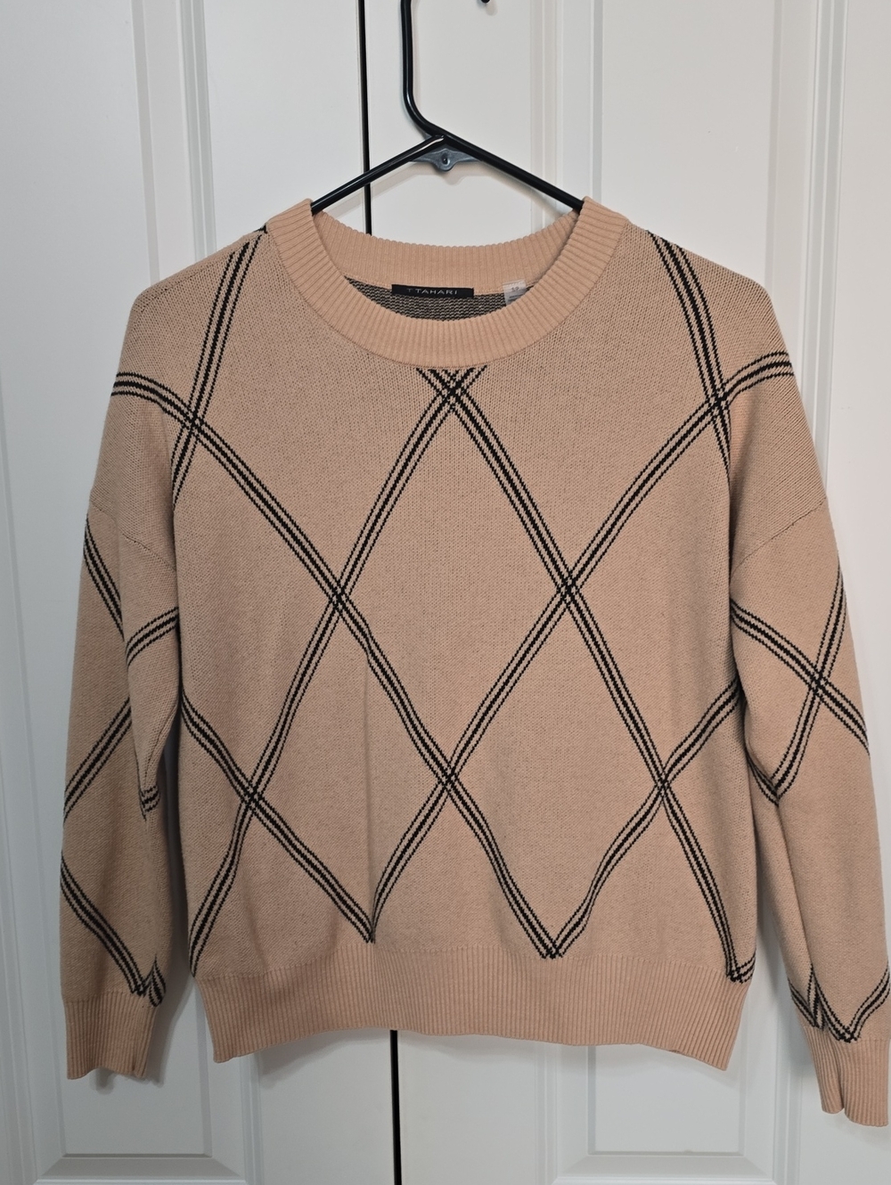 T Tahari Beige Sweater with Black Argyle Design